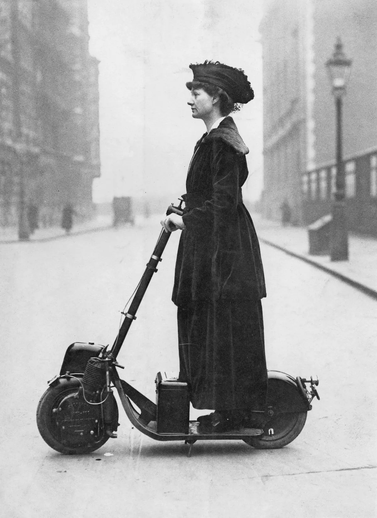 Lady Florence Norman on an Autoped in London, 1916.